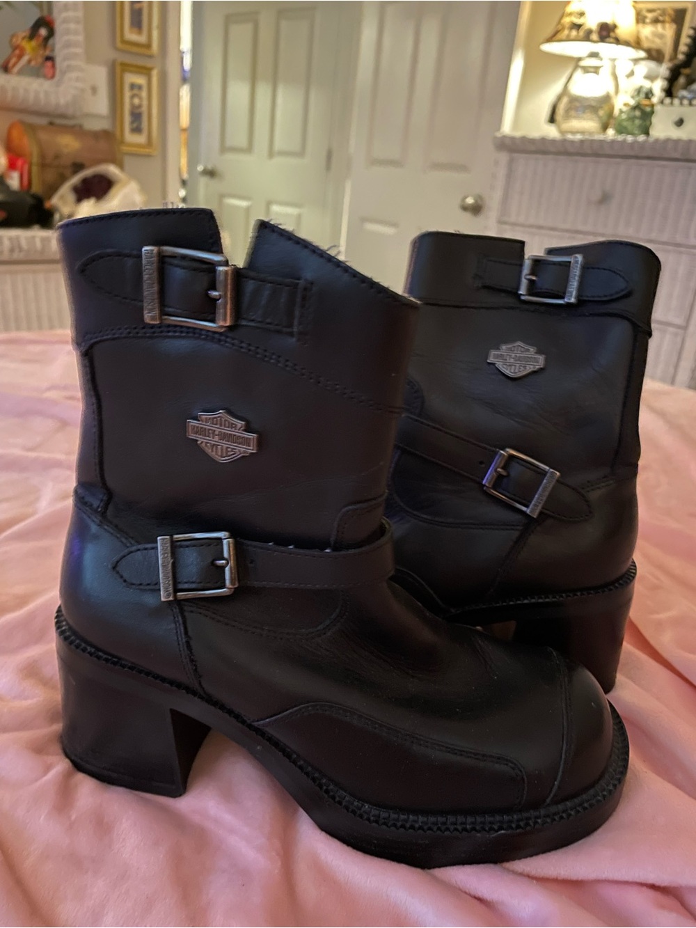 Harley-Davidson Black Leather Buckle Mid-Calf Heeled Boots - Picture 10 of 11